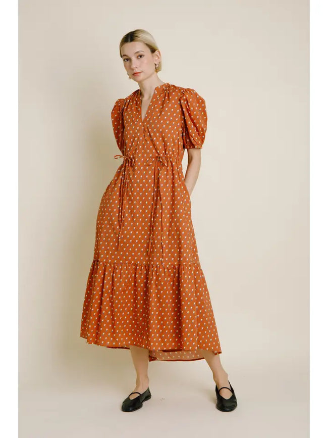 Terracotta Floral Midi Dress with Tie Detail