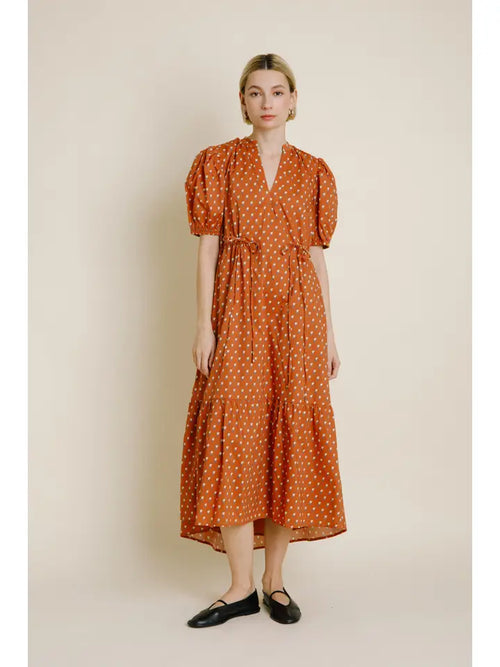 Terracotta Floral Midi Dress with Tie Detail