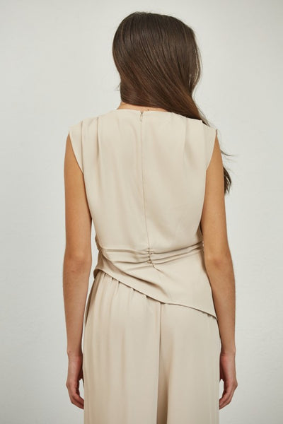 Stone Beige Pleated Shoulder Asymmetric Top