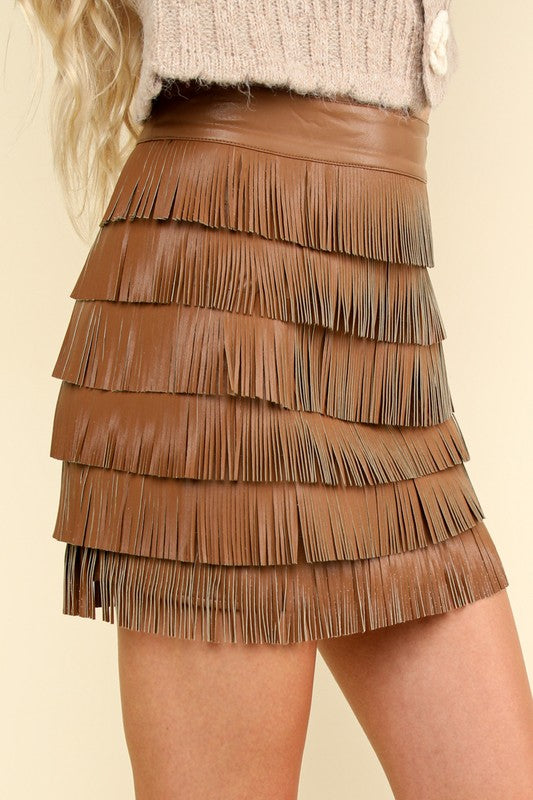 Mocha Vegan Leather Fringe Skirt