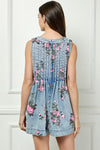 Denim Floral Printed Pleated V Neck Sleeveless Romper