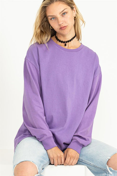 Stone Colored Round Neck Cuffed Sleeve Top