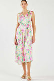 Pink and Green Floral Sleeveless V-Neck Midi Dress with Self-Tie