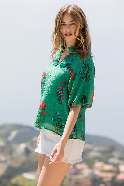 Green Puff Sleeve Flower Print Top