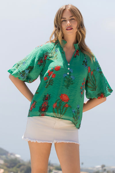 Green Puff Sleeve Flower Print Top