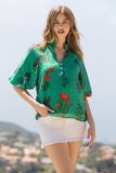 Green Puff Sleeve Flower Print Top