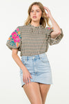 Flower Embroidered Puff Sleeve Striped Top