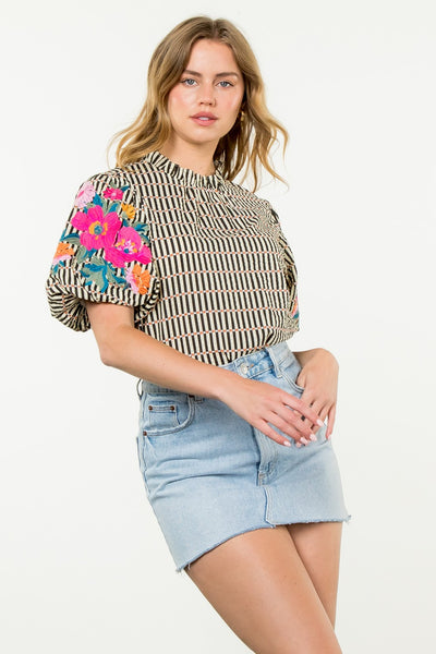 Flower Embroidered Puff Sleeve Striped Top