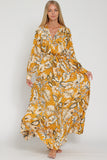 Golden Long Sleeve Fall Floral Printed Belted Maxi Dress