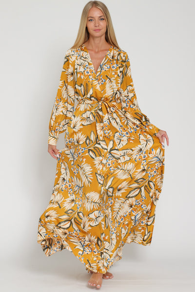 Golden Long Sleeve Fall Floral Printed Belted Maxi Dress