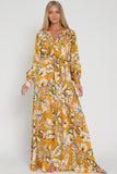 Golden Long Sleeve Fall Floral Printed Belted Maxi Dress