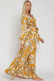 Golden Long Sleeve Fall Floral Printed Belted Maxi Dress