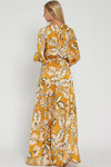 Golden Long Sleeve Fall Floral Printed Belted Maxi Dress