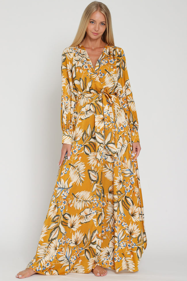 Golden Long Sleeve Fall Floral Printed Belted Maxi Dress