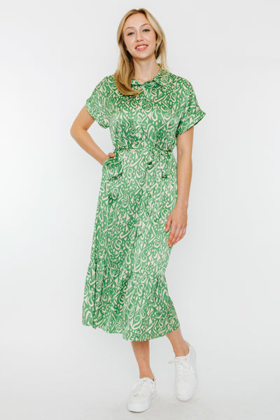 Green Apple Collared Button Down with Bottom Ruffle Maxi Dress