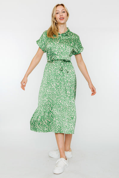 Green Apple Collared Button Down with Bottom Ruffle Maxi Dress