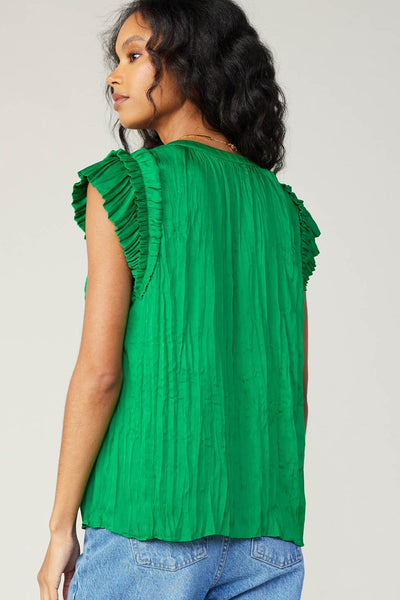 Deep Spring Green Double Layer Ruffle Sleeve Crinkle Blouse
