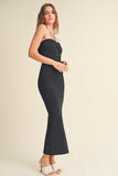 Black Ruched Detail Halter Neck Knit Long Slit Dress