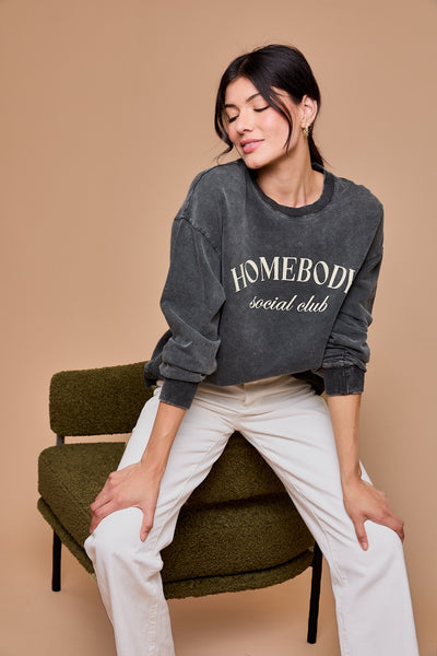 Charcoal Colored "Homebody Social Club" Washed Sweatshirt