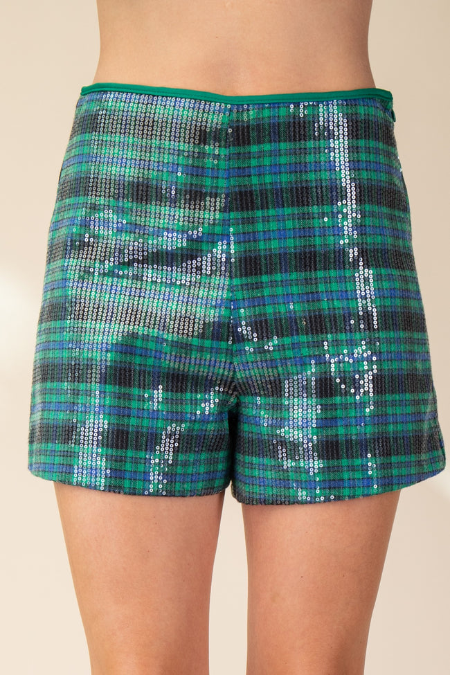 Hunter Green High Waisted Plaid Sequin Shorts