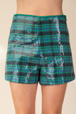 Hunter Green High Waisted Plaid Sequin Shorts