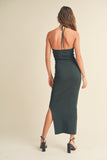 Hunter Green Ruched Detail Halter Neck Knit Long Slit Dress