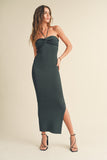 Hunter Green Ruched Detail Halter Neck Knit Long Slit Dress