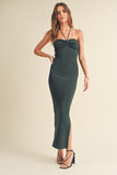 Hunter Green Ruched Detail Halter Neck Knit Long Slit Dress