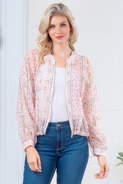 Cream Multi Printed Zip Up Light Weight Jacket