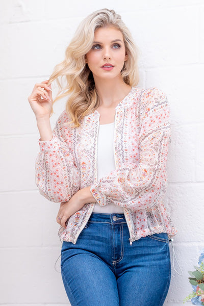 Cream Multi Printed Zip Up Light Weight Jacket