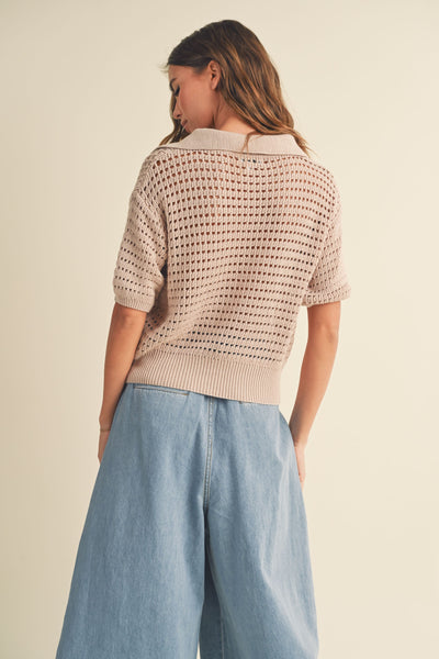 Tan Crochet Knitted Collared Top