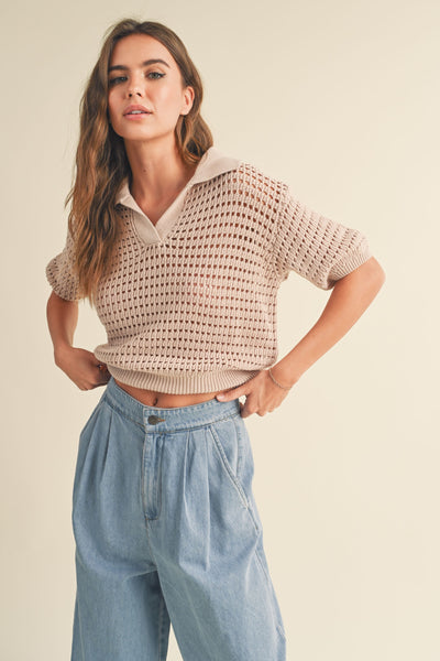 Tan Crochet Knitted Collared Top