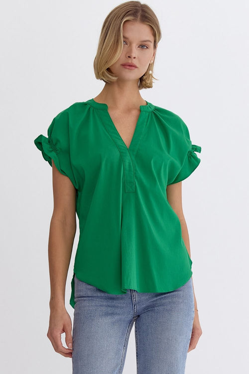 Green Colored V Neck Ruffled Short Sleeve Top