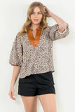 Leopard Puff Sleeve Top with Faux Leather Trim