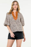 Leopard Puff Sleeve Top with Faux Leather Trim