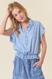 Light Wash Denim Drawstring Elastic Waist Top