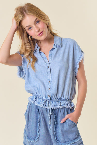 Light Wash Denim Drawstring Elastic Waist Top