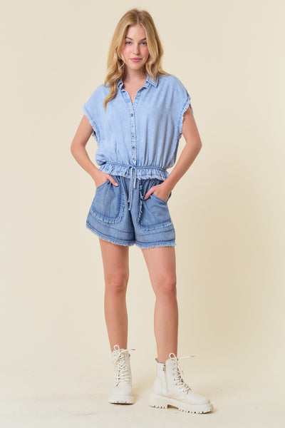 Light Wash Denim Drawstring Elastic Waist Top