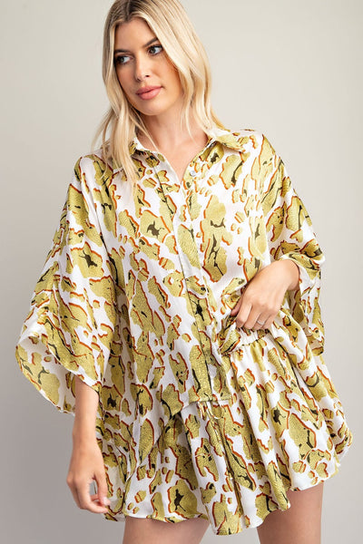 Lime Colored Printed Button Up Shirt