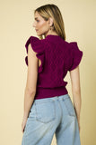 Magenta Colored Mock Neck Ruffle Sleeve Cable Knit Top