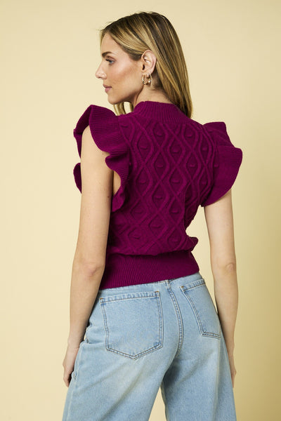 Magenta Colored Mock Neck Ruffle Sleeve Cable Knit Top