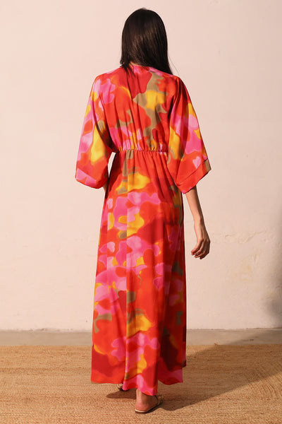 Red Malibu Sunset Kimono Maxi Dress