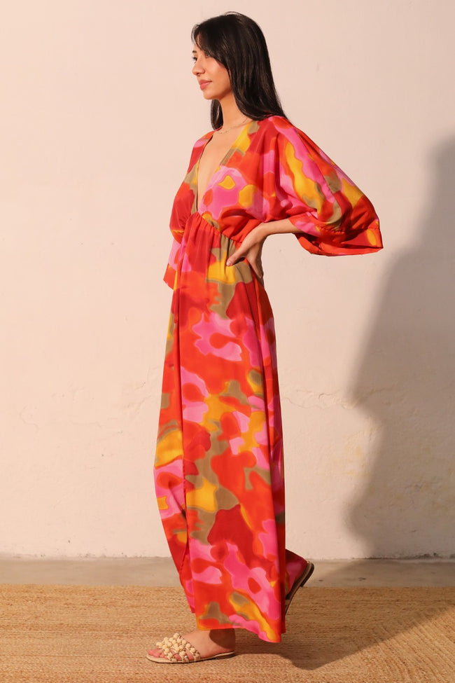 Red Malibu Sunset Kimono Maxi Dress