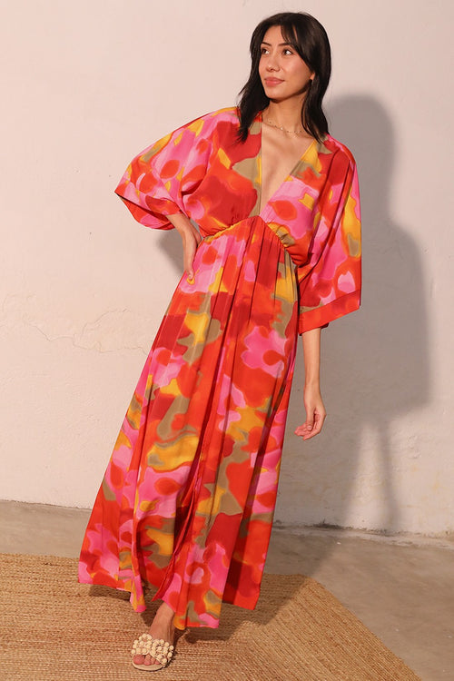 Red Malibu Sunset Kimono Maxi Dress