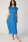 Azure Blue Flutter Sleeve Crinkle Midi Dress with Tie Waist