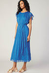 Azure Blue Flutter Sleeve Crinkle Midi Dress with Tie Waist