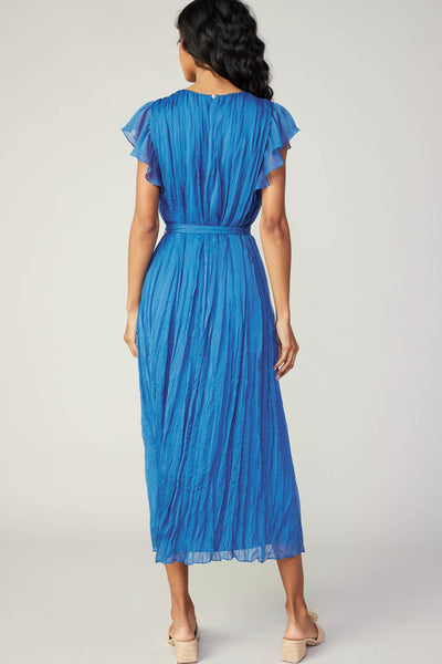 Azure Blue Flutter Sleeve Crinkle Midi Dress with Tie Waist