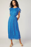 Azure Blue Flutter Sleeve Crinkle Midi Dress with Tie Waist