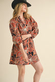 Brick Colored Retro Floral Puff Sleeve Mini Dress