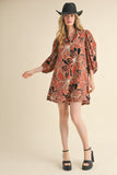 Brick Colored Retro Floral Puff Sleeve Mini Dress